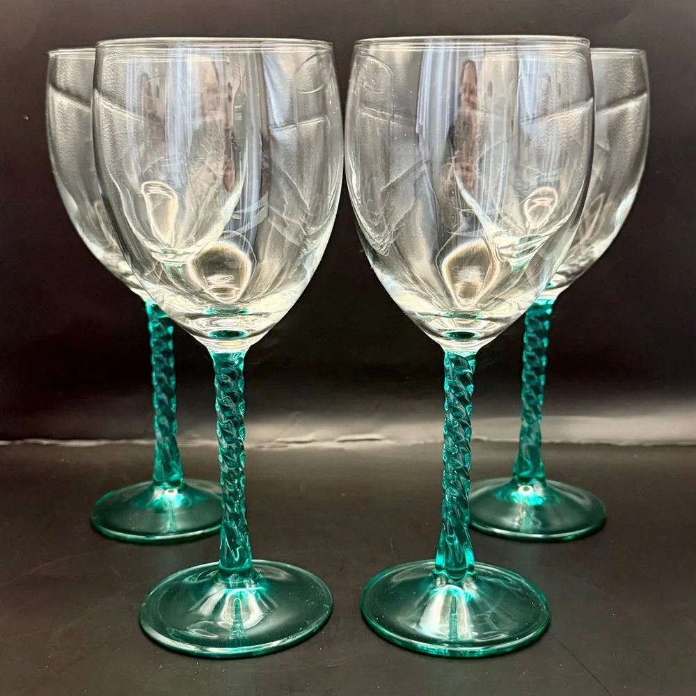 CRISTAL D'ARQUES Angelique Aqua Teal Twisted‎ Swirl Stem Wine Water Goblet 7.75